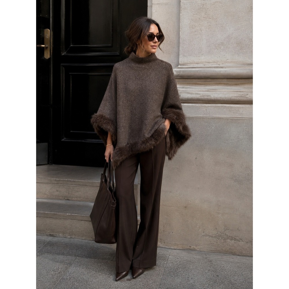 Zara Sweater Poncho Women Medium Brown Faux Fur Trim Mock Neck Wool Blend Cape
